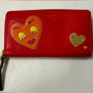 Tory Burch Red Leather Zip Wallet with Colorful Heart Appliqués